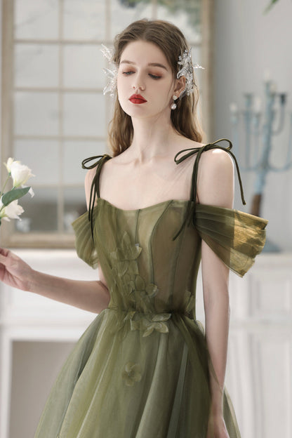 Green Spaghetti Strap Tulle Long Prom Dress, Cute A-Line Evening Dress Party Dress