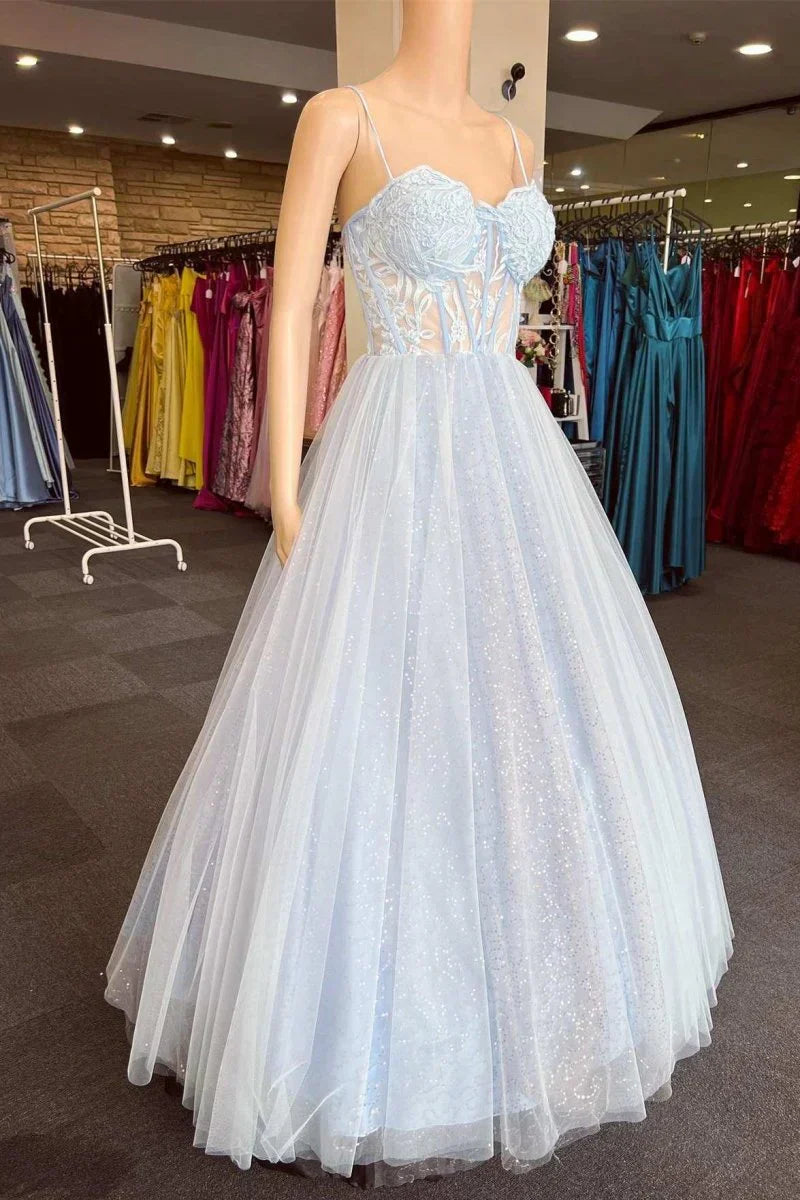 Light Blue Floral Prom Dress Corset Tulle A-Line Formal Gown