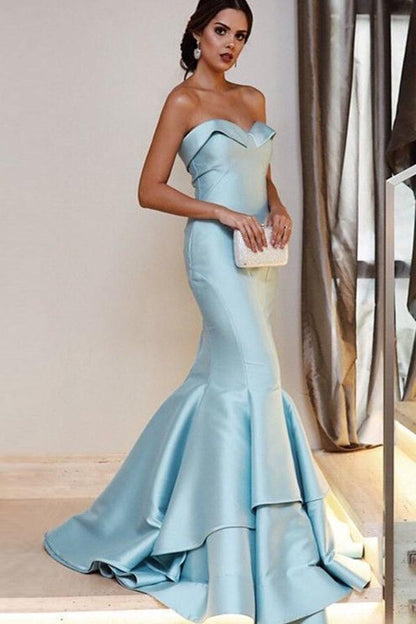 Light-blue Mermaid Style Evening Dresses with Fold Strapless