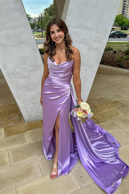 Lilac Prom Dress V Neck Ruched Fitted Formal Gown with Train
