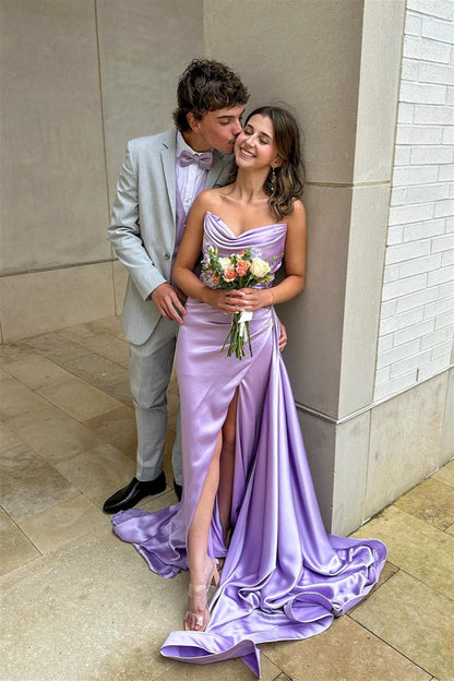 Lilac Prom Dress V Neck Ruched Fitted Formal Gown with Train