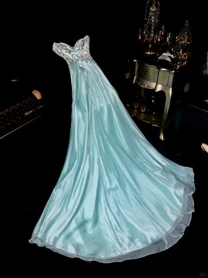 Blue gorgeous beaded long tulle ball gown evening dress gh4416