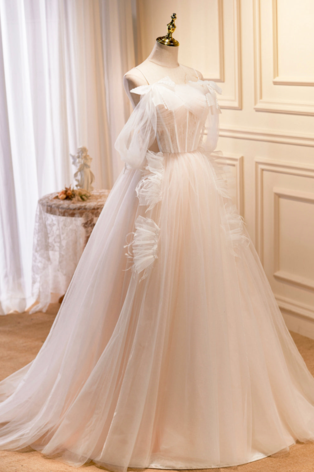 Champagne Tulle Long Prom Dress, Spaghetti Strap Evening Dress with Bow