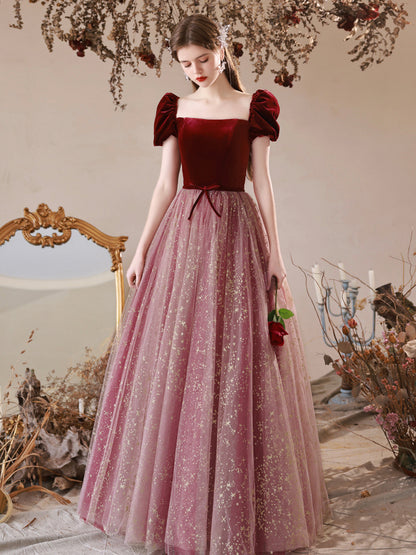 Cute Velvet Tulle Long Prom Dress, A-Line Off the Shoulder Evening Dress