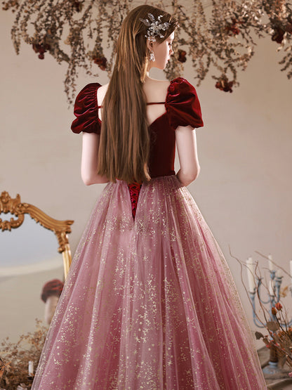 Cute Velvet Tulle Long Prom Dress, A-Line Off the Shoulder Evening Dress