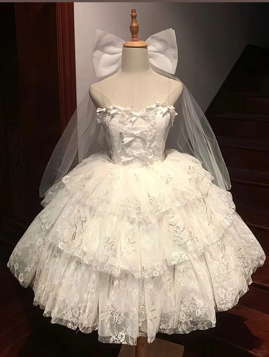 White cute lace short tulle lolita cake skirt prom dress homecoming dress gh4382
