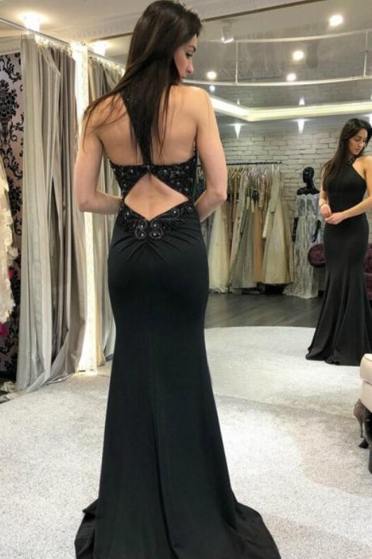 Long Black Mermaid Evening Dresses with Beaded Halter Neckline