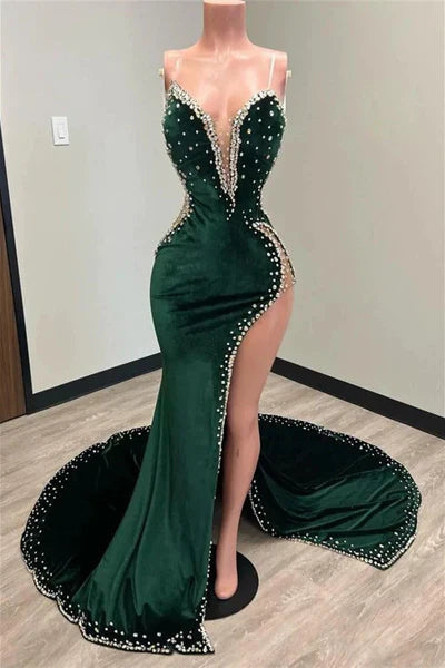 Green gorgeous shiny elegant long side slit sexy velvet mermaid floor length ball gown prom dress evening gown with train gh2337