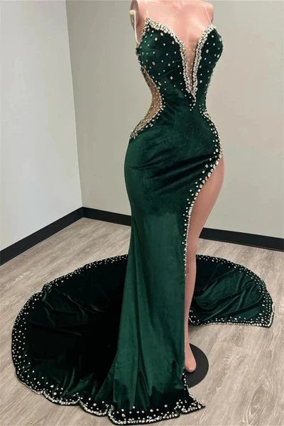 Green gorgeous shiny elegant long side slit sexy velvet mermaid floor length ball gown prom dress evening gown with train gh2337
