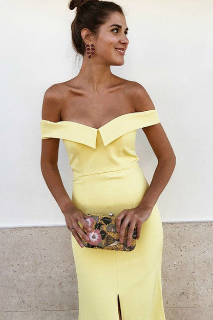 Long Yellow Evening Dresses Off-the-shoulder Front Cut Vestido de noche