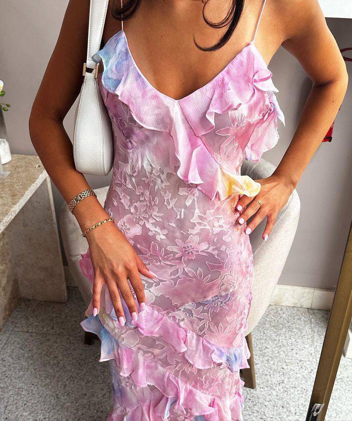 Dreamy elegant spaghetti strap pink layered ruffle maxi dress long chiffon evening gown Prom Dress gh2905