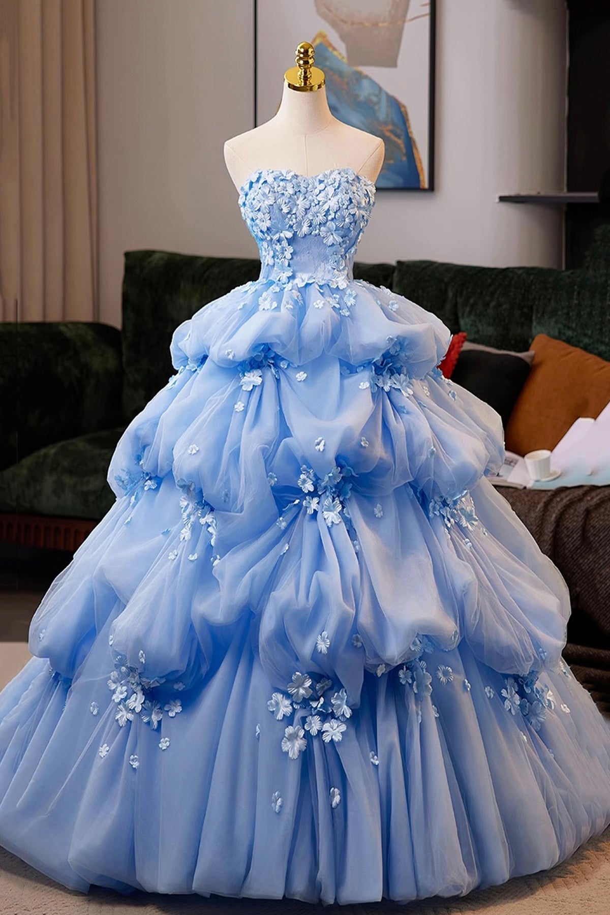 A-Line Flower Tulle Long Blue Prom Dress, Beautiful Blue Formal Evening Dress