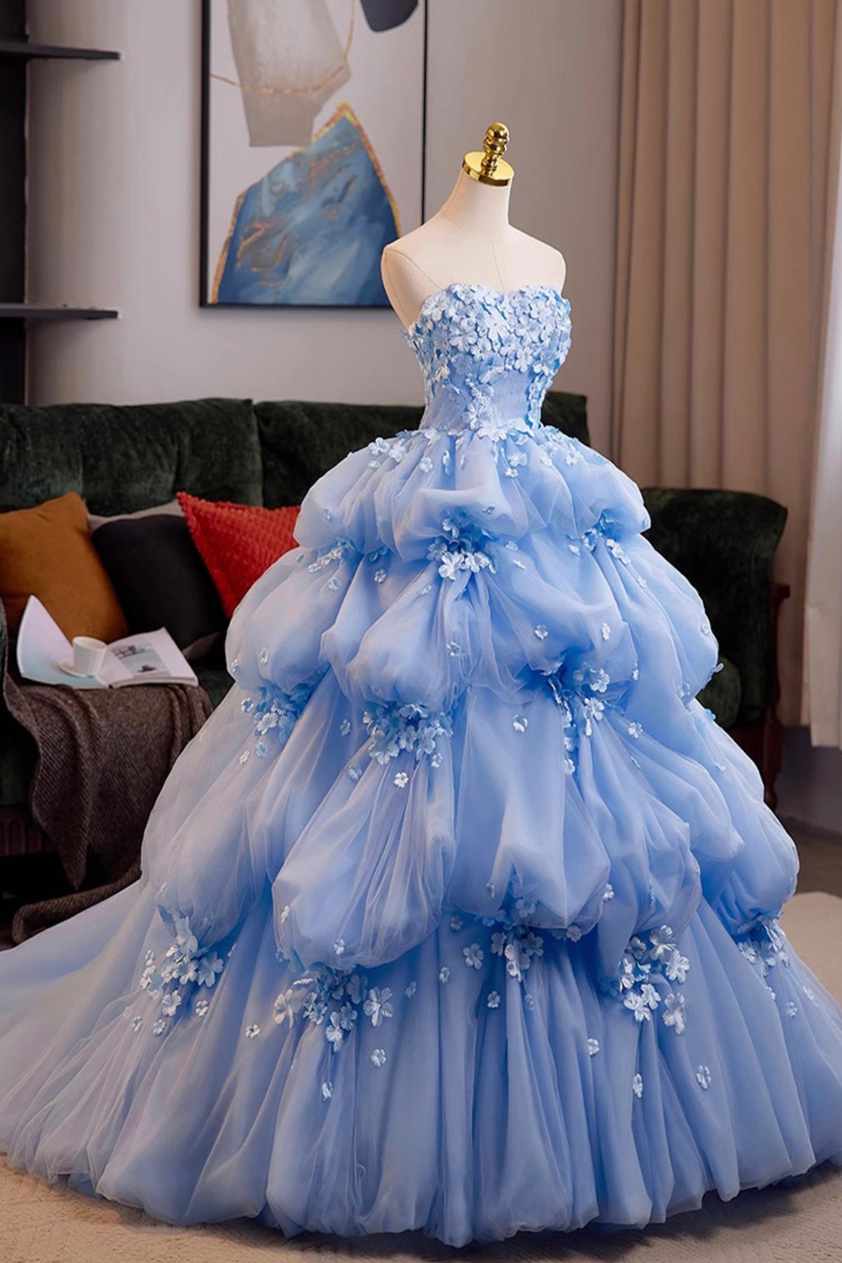 A-Line Flower Tulle Long Blue Prom Dress, Beautiful Blue Formal Evening Dress