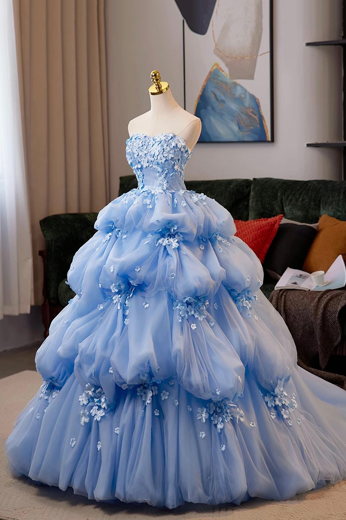A-Line Flower Tulle Long Blue Prom Dress, Beautiful Blue Formal Evening Dress