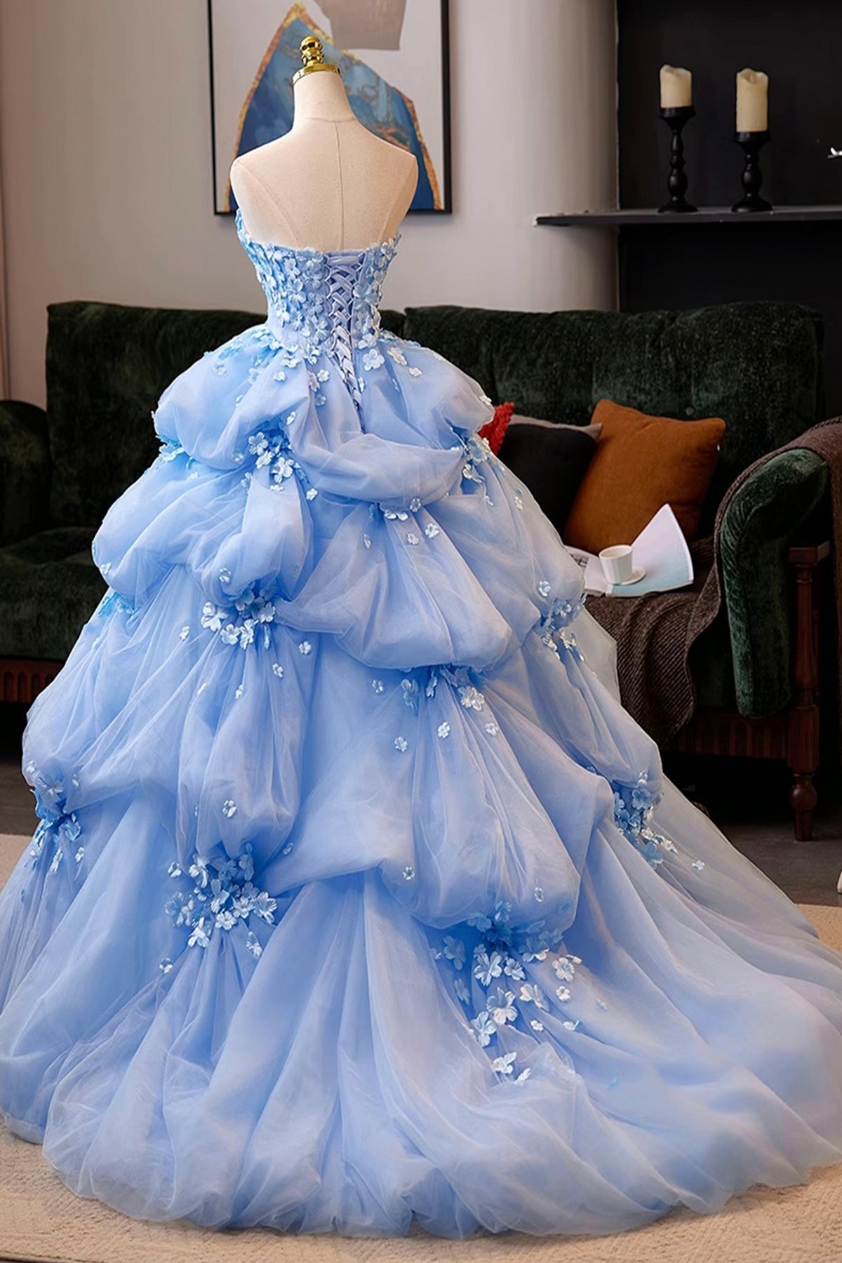 A-Line Flower Tulle Long Blue Prom Dress, Beautiful Blue Formal Evening Dress