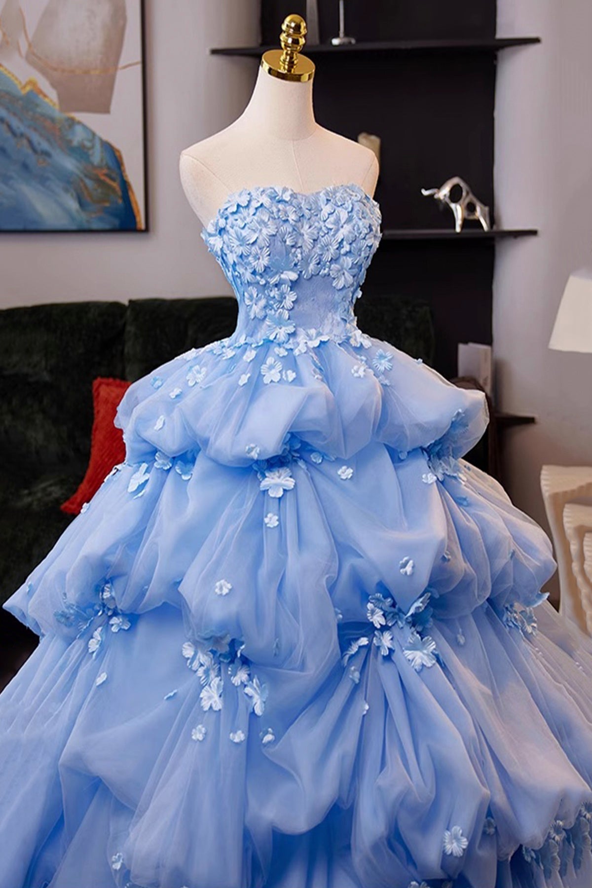 A-Line Flower Tulle Long Blue Prom Dress, Beautiful Blue Formal Evening Dress