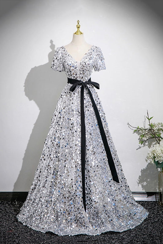 Shiny Silver Sequins Long Prom Dress, A-Line V-Neck Evening Dress