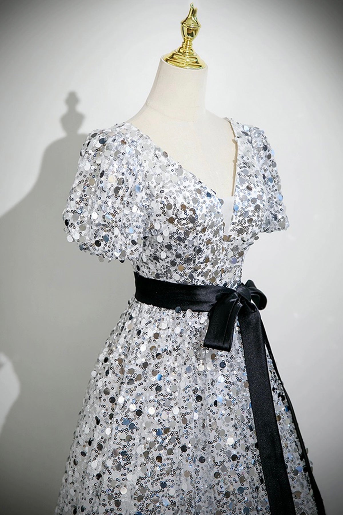 Shiny Silver Sequins Long Prom Dress, A-Line V-Neck Evening Dress