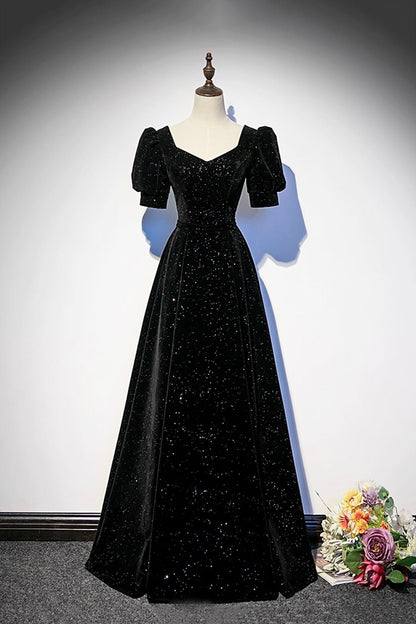 Black Velvet Long Prom Dress, A-Line Short Sleeve Evening Party Dress