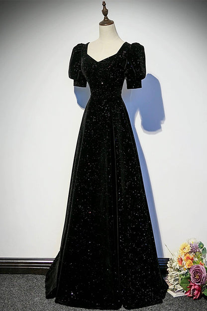 Black Velvet Long Prom Dress, A-Line Short Sleeve Evening Party Dress