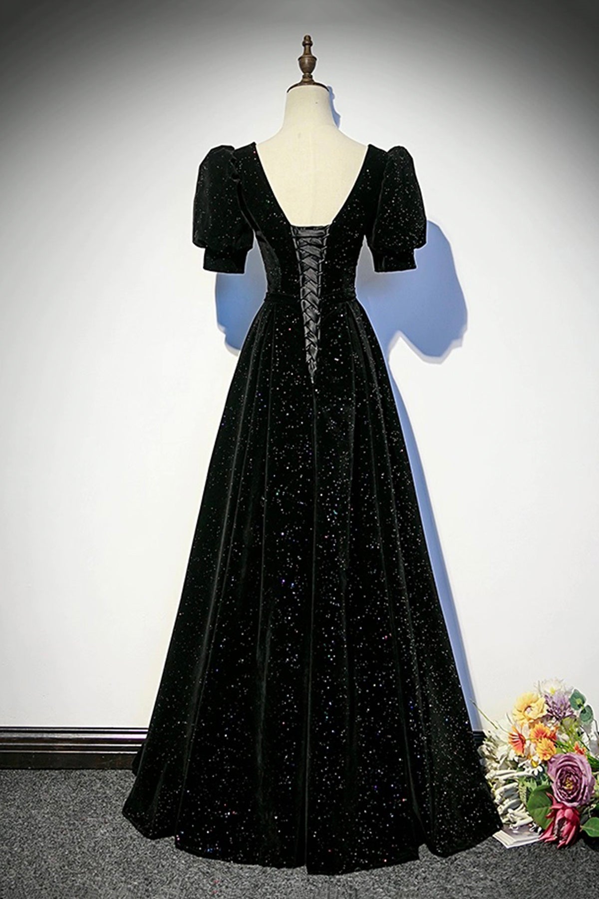 Black Velvet Long Prom Dress, A-Line Short Sleeve Evening Party Dress