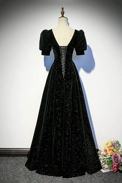 Black Velvet Long Prom Dress, A-Line Short Sleeve Evening Party Dress