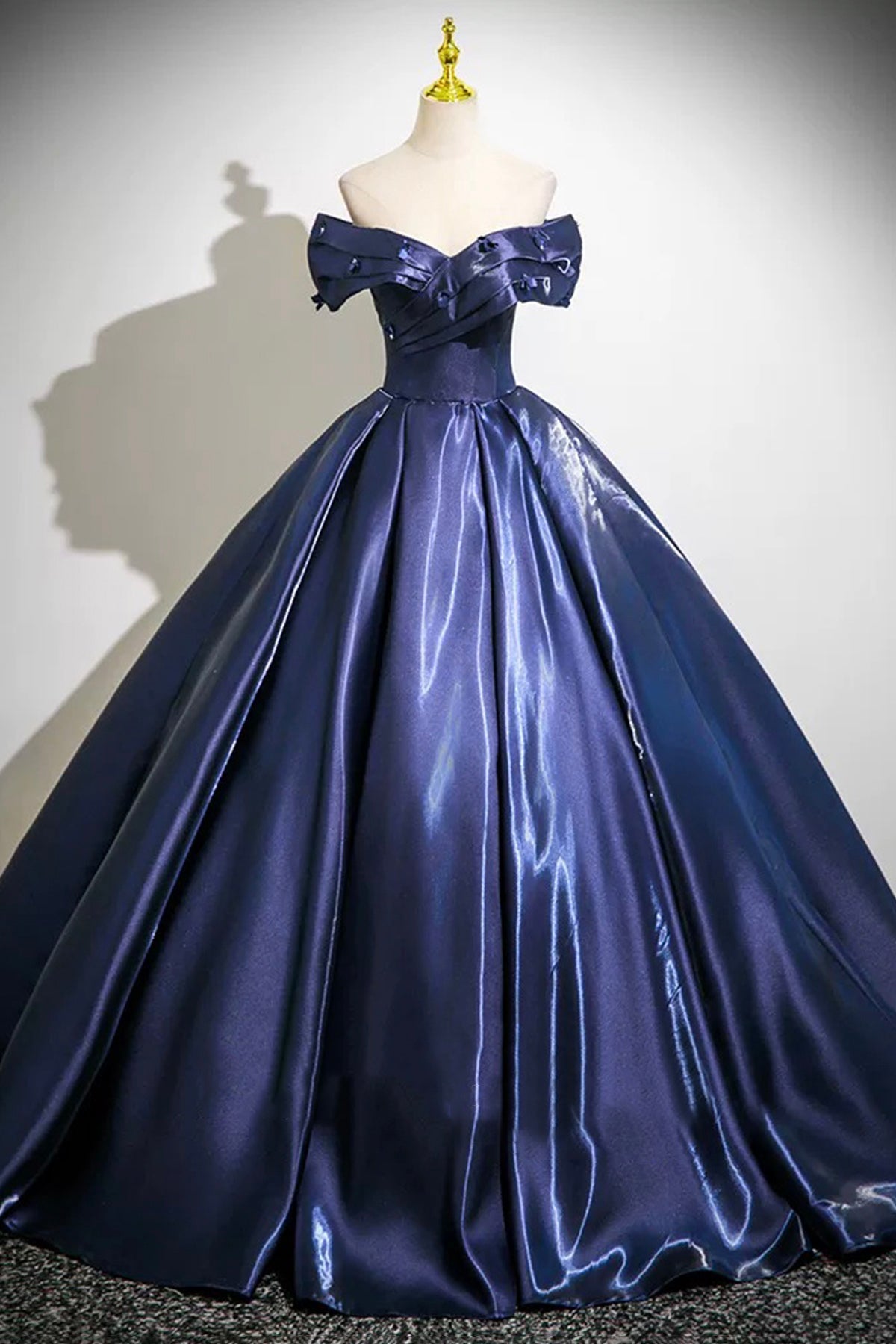 Navy Blue Satin Long Prom Dress, A-Line Off the Shoulder Evening Party Dress