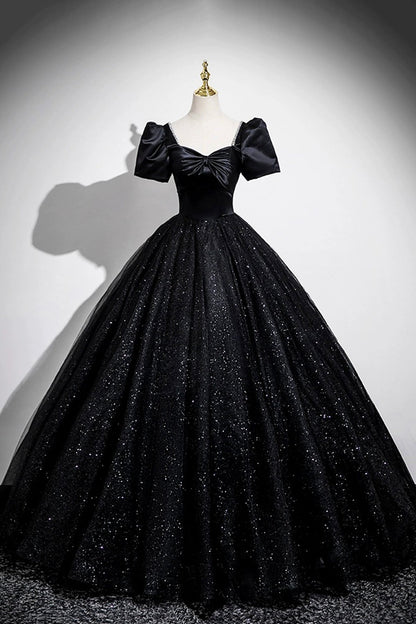 Black Satin and Shiny Tulle Long Prom Dress, Black A-Line Short Sleeve Party Dress