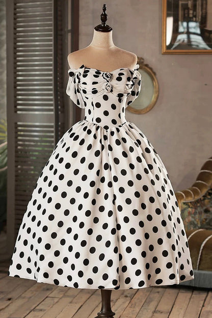 White and Black Polka Dots Short Prom Dress, Lovely A-Line Party Dress