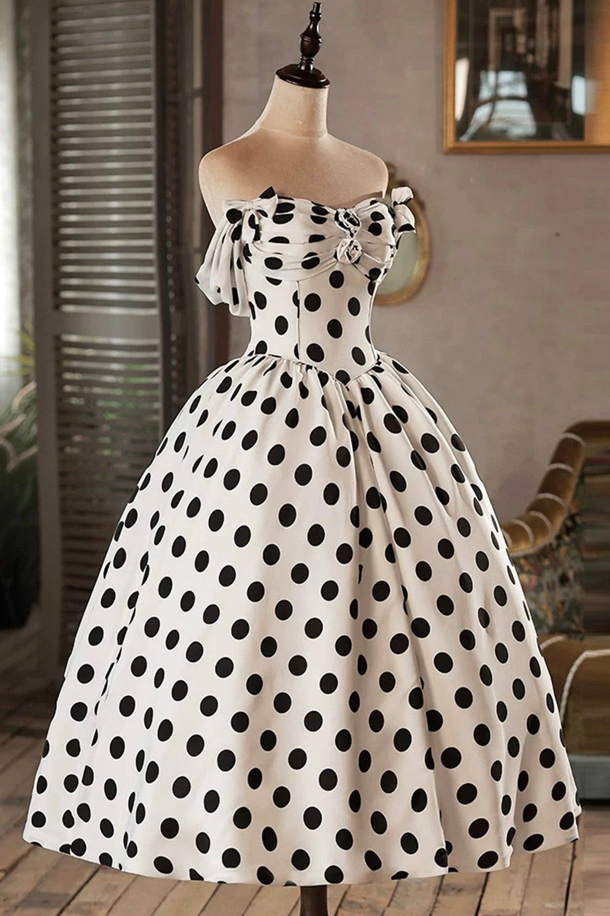 White and Black Polka Dots Short Prom Dress, Lovely A-Line Party Dress