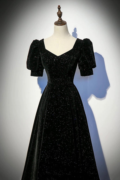 Black Velvet Long Prom Dress, A-Line Short Sleeve Evening Party Dress