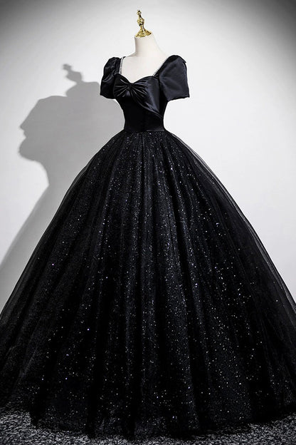 Black Satin and Shiny Tulle Long Prom Dress, Black A-Line Short Sleeve Party Dress