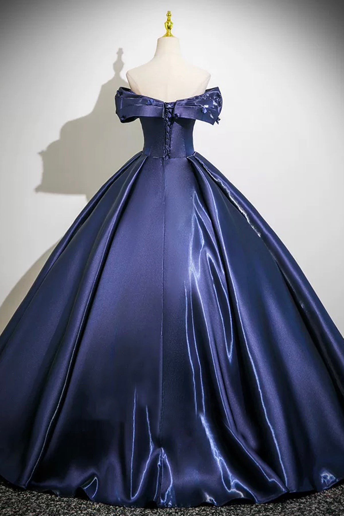 Navy Blue Satin Long Prom Dress, A-Line Off the Shoulder Evening Party Dress