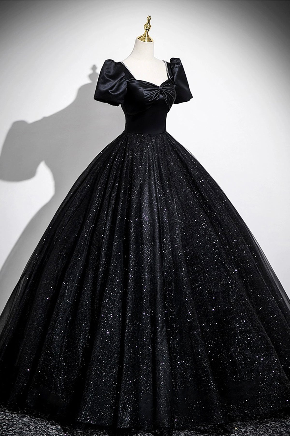 Black Satin and Shiny Tulle Long Prom Dress, Black A-Line Short Sleeve Party Dress