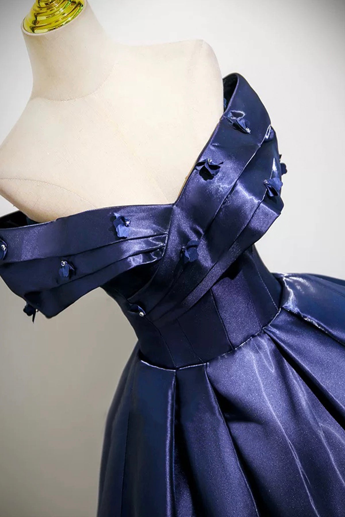 Navy Blue Satin Long Prom Dress, A-Line Off the Shoulder Evening Party Dress