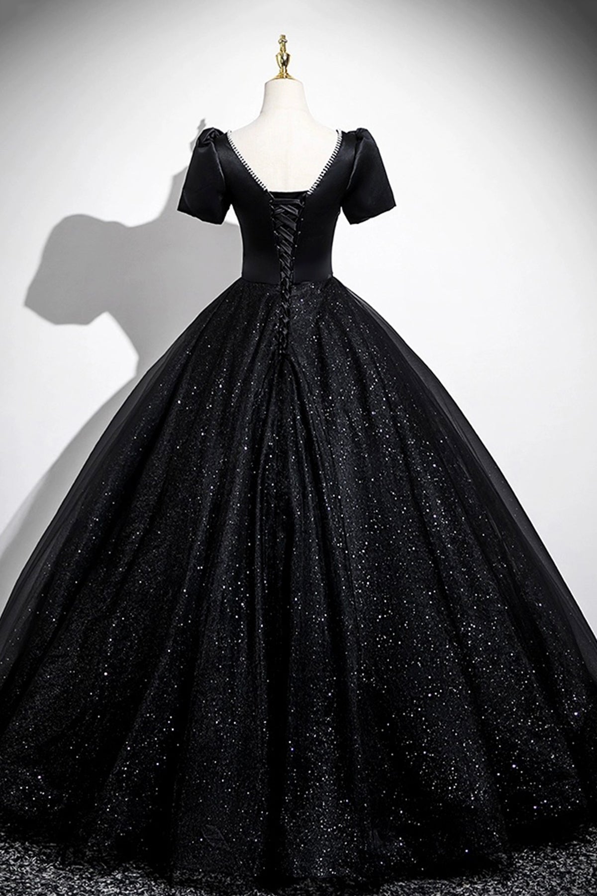 Black Satin and Shiny Tulle Long Prom Dress, Black A-Line Short Sleeve Party Dress