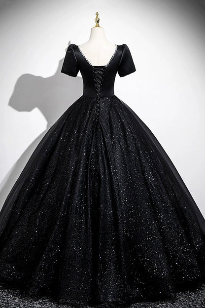 Black Satin and Shiny Tulle Long Prom Dress, Black A-Line Short Sleeve Party Dress