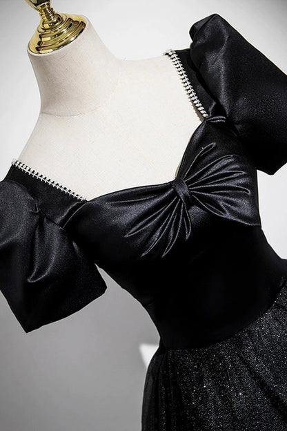 Black Satin and Shiny Tulle Long Prom Dress, Black A-Line Short Sleeve Party Dress