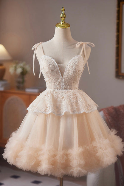 Champagne Tulle Lace Short Prom Dress, A-Line Spaghetti Strap Homecoming Party Dress