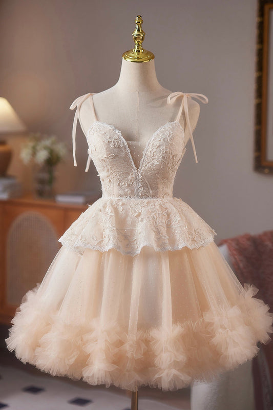 Champagne Tulle Lace Short Prom Dress, A-Line Spaghetti Strap Homecoming Party Dress