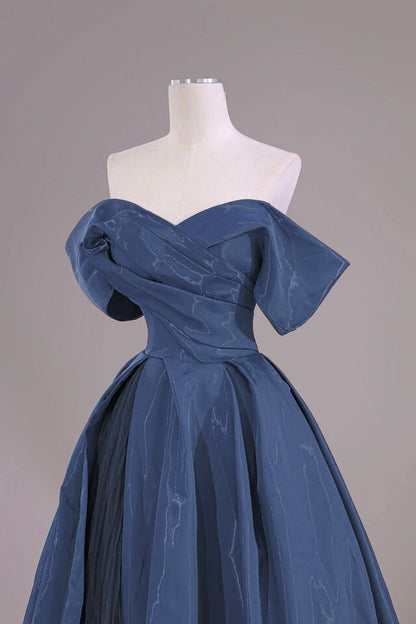 Blue Satin Floor Length Prom Dress, Elegant Off the Shoulder Party Dress