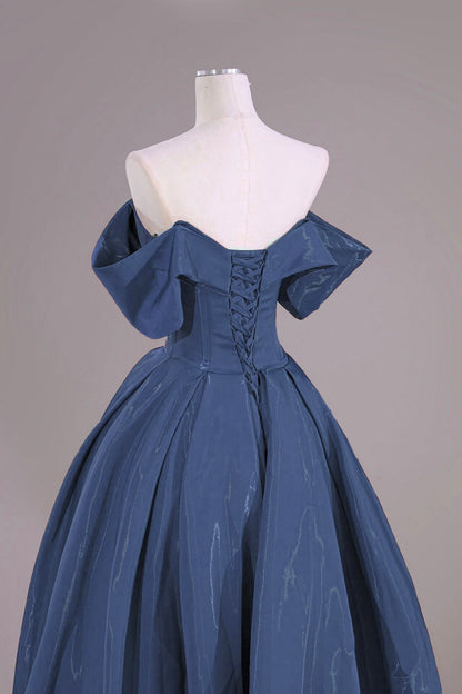 Blue Satin Floor Length Prom Dress, Elegant Off the Shoulder Party Dress