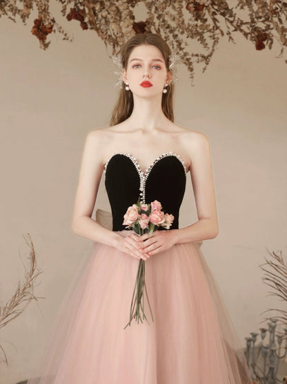 Black Velvet and Pink Tulle Long Prom Dress, Beautiful Sweetheart Neck Evening Dress