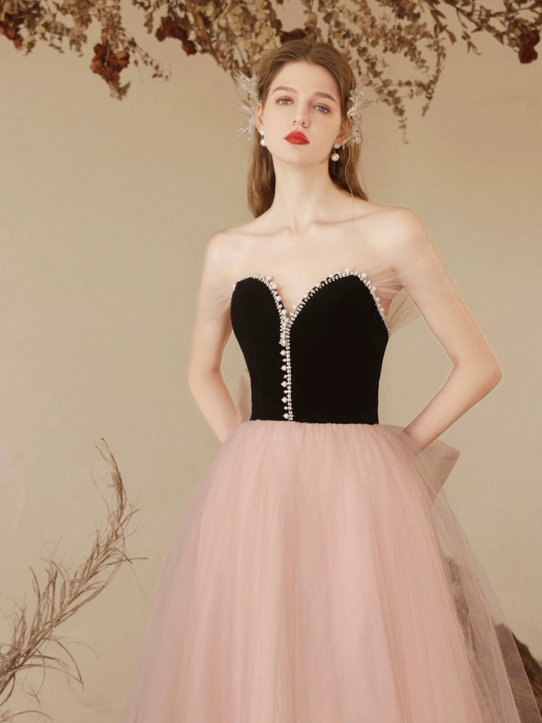 Black Velvet and Pink Tulle Long Prom Dress, Beautiful Sweetheart Neck Evening Dress