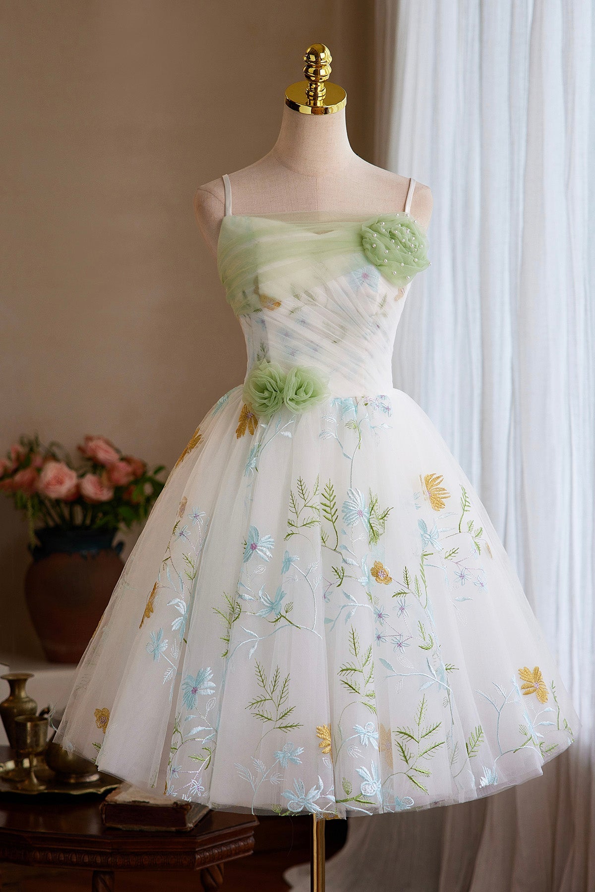White Tulle Floral Short Prom Dress, Beautiful A-Line Homecoming Party Dress
