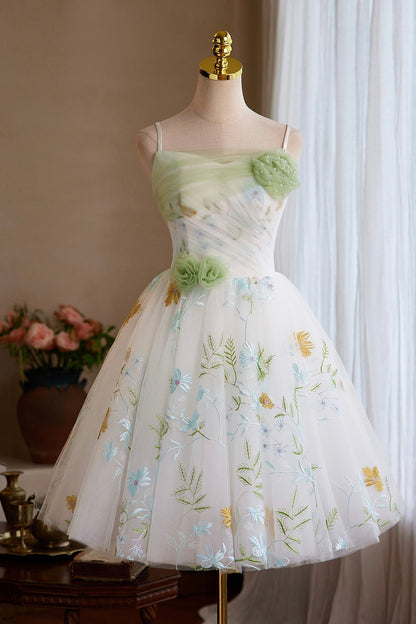 White Tulle Floral Short Prom Dress, Beautiful A-Line Homecoming Party Dress