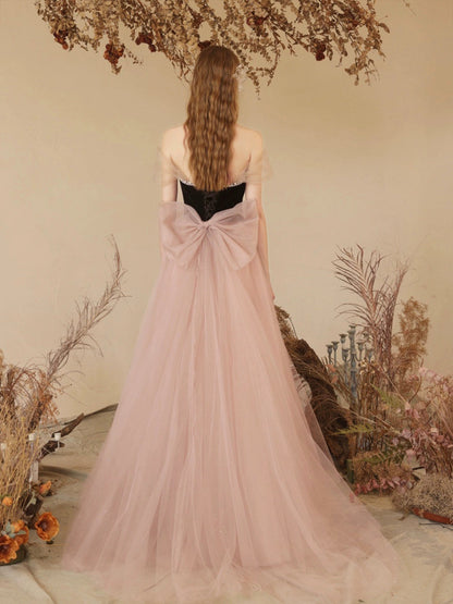 Black Velvet and Pink Tulle Long Prom Dress, Beautiful Sweetheart Neck Evening Dress