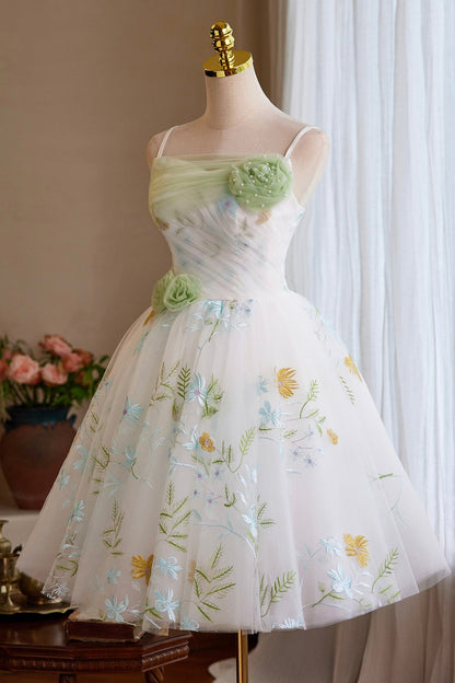 White Tulle Floral Short Prom Dress, Beautiful A-Line Homecoming Party Dress