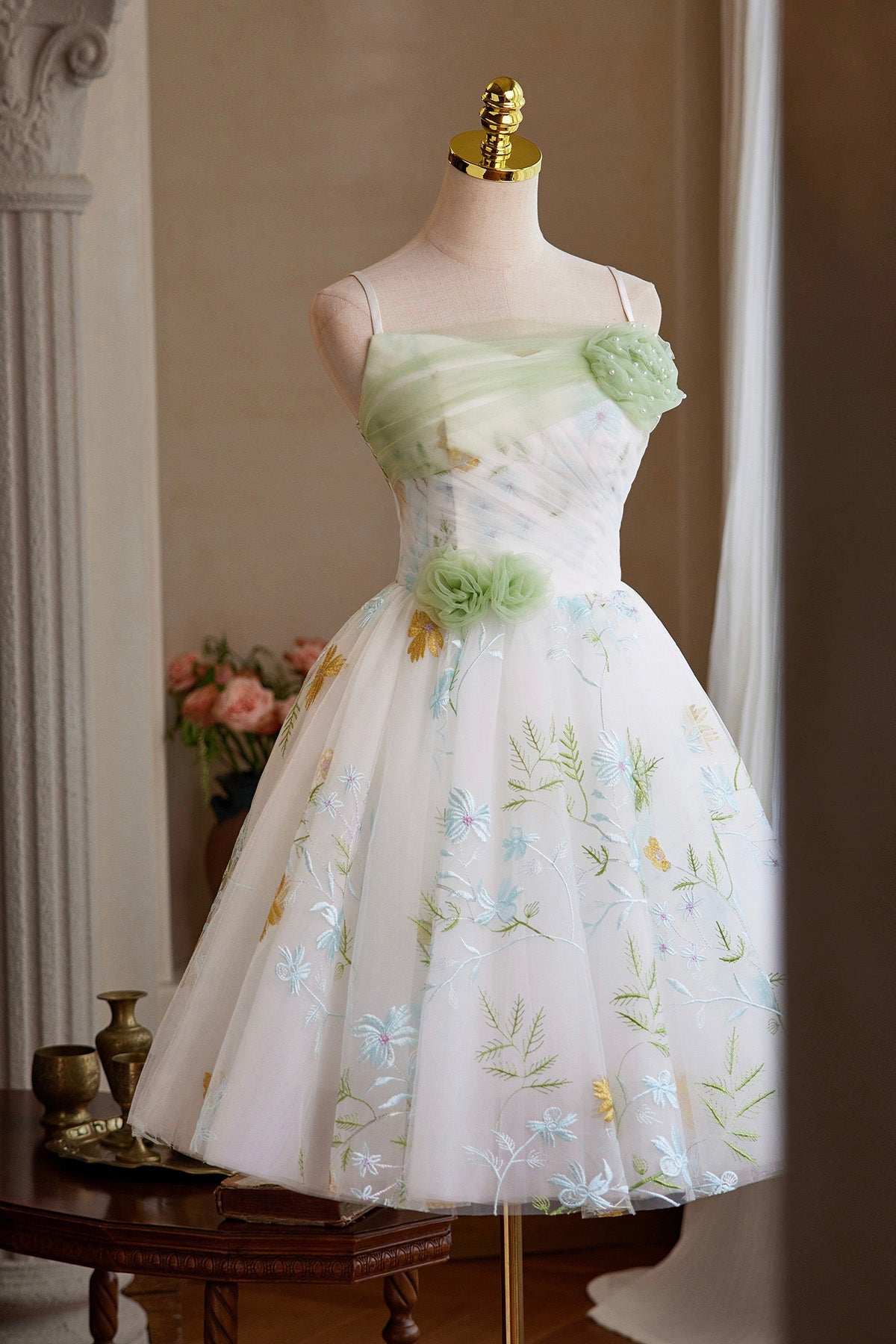 White Tulle Floral Short Prom Dress, Beautiful A-Line Homecoming Party Dress