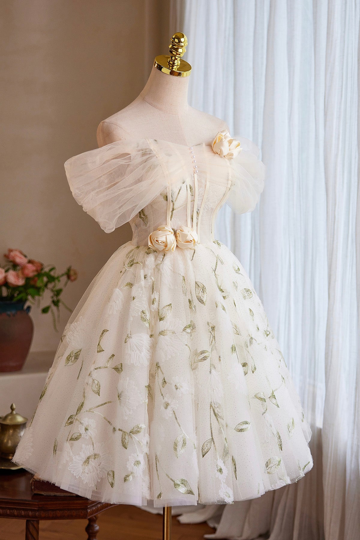 Champagne Tulle Floral Short Prom Dress, Beautiful A-Line Homecoming Party Dress